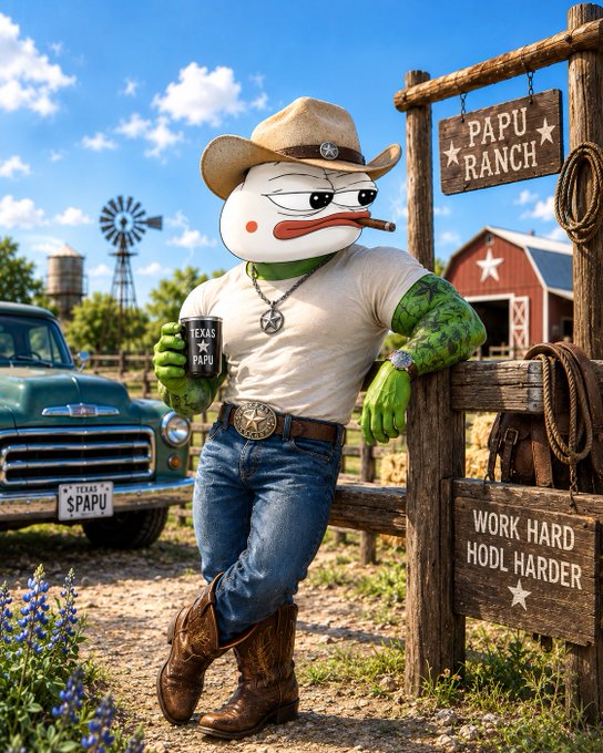 A 3D-rendered illustration of a muscular anthropomorphic duck character dressed as a Texan cowboy, wearing a cowboy hat, jeans, and boots, holding a 'TEXAS PAPU' cup next to a 'PAPU RANCH' sign and a truck with 'TEXAS PAPU' license plate.