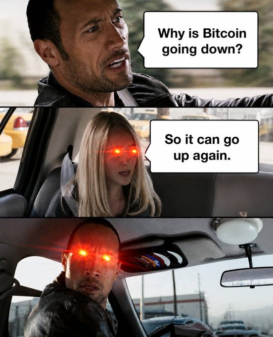 A three-panel meme from a movie scene showing a man asking 'Why is Bitcoin going down?' and a blonde woman (and later the man himself) with glowing red laser eyes responding 'So it can go up again.'