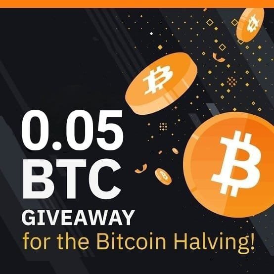 A promotional graphic announces a "0.05 BTC Giveaway for the Bitcoin Halving!" featuring orange Bitcoin coins against a dark, sparkly background, matching the post's giveaway announcement that asks followers to like, retweet, and comment "BTC" for a chance to win the 0.05 BTC prize.
