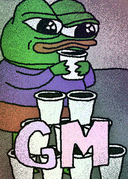 A distorted 'GM' meme image featuring two green Pepe-style frogs wearing sunglasses, with the front one holding a coffee cup above large pink 'GM' letters.