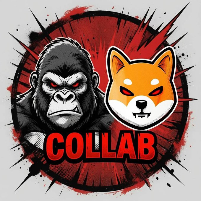 The image is a bold, comic-style graphic featuring a fierce gorilla with glowing red eyes alongside a cartoonish orange Shiba Inu (Shib) face, with the word "COLLAB" in striking red letters at the bottom, set against a splattered red-and-black explosion backdrop — visually announcing the Epic collaboration between $FEG and $SHIB with a contract address "0x735bb6b4001fcbd42a18c8111a6c230245407777" as hyped in the post.