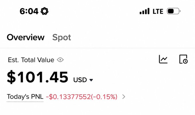 A mobile screenshot of a crypto portfolio overview showing an estimated total value of $101.45 USD with a slight daily loss of -$0.13 (-0.15%). The image serves as proof of holdings for a giveaway entry, demonstrating the user has just over $100 to qualify for the $10 prize distribution.
