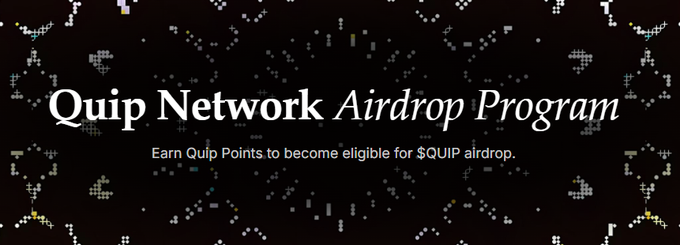 The image features a banner with a black background, white text, and a pattern of small circles arranged in a circular design. The text "Quip Network Airdrop Program" is displayed at the top of the banner, while "Emp Quip Points to become eligable for $QUIP airdrop." Below this, there are two lines of smaller text that read "Focus on what is in the image and how it relates to the post." The overall design of the banner suggests a connection between the art contest winners' designs and the use of their artwork as stickers or logos.