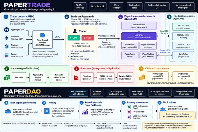 Infographic explaining 'PAPERTRADE', an on-chain perpetuals exchange on Hyperliquid, and 'PAPERDAO', detailing a 7-step process for trading including USDC deposits, order placement, smart contracts, and profit/loss outcomes.