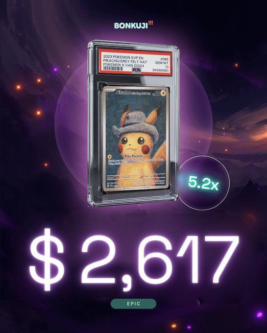 A promotional graphic from 'BONKUJI' showcasing a graded PSA 10 Pokémon card featuring Detective Pikachu wearing a felt hat, with a 'Pika-Perry Syndicate' attack, priced at '$2,617' with a '5.2x' badge.