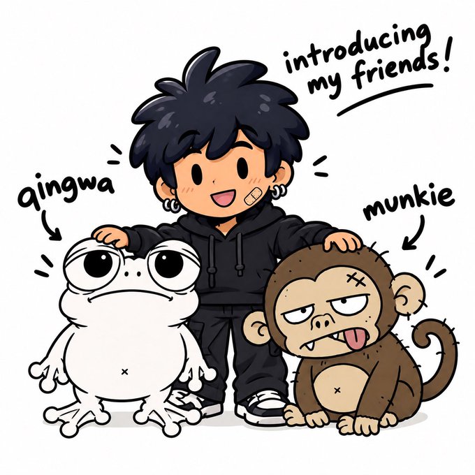 A cartoon illustration titled 'introducing my friends!' showing a black-haired boy in a hoodie with his arms around a grumpy white frog labeled 'qingwa' and a scruffy brown monkey labeled 'munkie'.