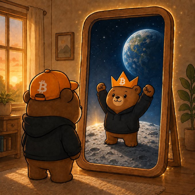 A brown bear wearing a Bitcoin cap stares into a mirror, where its reflection wears a golden "B" crown and flexes on the moon.
