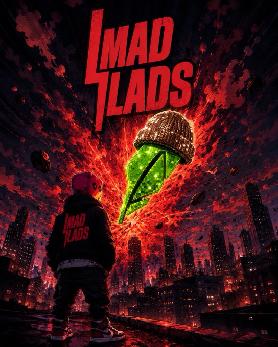 A vibrant poster featuring the text "MAD LADS" in bold red lettering, showing a figure in a matching hoodie standing before a destroyed cityscape with a glowing green crystalline meteor crashing down.
