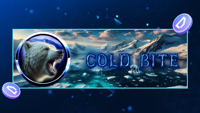 A promotional banner for "Cold Bite" features a roaring polar bear in an icy landscape with the title rendered in frost-textured lettering, flanked by navigation arrows. The icy Arctic imagery visually reinforces the post's call to "Brave the frost, fight the beast" in a $WOD-powered challenge.