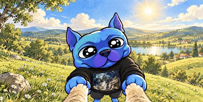 An illustrated cartoon of a blue dog-like character with large eyes, holding the viewer's paws against a scenic landscape background with rolling hills, a lake, and bright sunlight.
