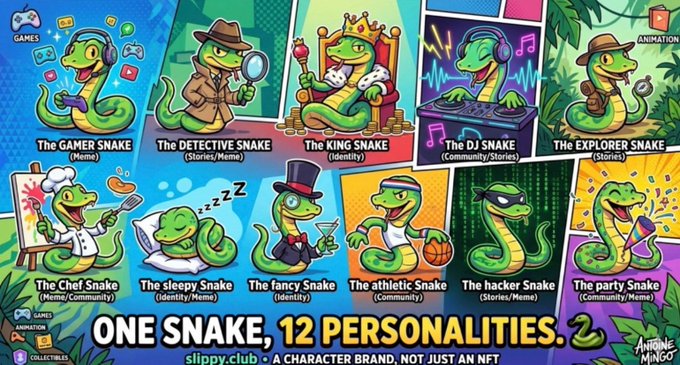 Promotional graphic for 'slippy.club' showcasing 12 snake character variants with different personalities including 'The Gamer Snake (Meme)', 'The Detective Snake (Stories/Meme)', 'The King Snake (Identity)', 'The DJ Snake (Community/Stories)', and 'The Explorer Snake (Stories)', among others, under the tagline 'ONE SNAKE, 12 PERSONALITIES. A CHARACTER BRAND. NOT JUST AN NFT'.