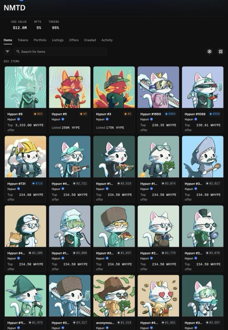 The image displays a user's Hyperliquid (NMTD) NFT portfolio, showcasing a collection of 193 Hypurr NFTs valued at $12.6K, including Hypurr #9, #5, #3, #1000, and #1088, alongside a "By Jeff" piece—all representing investments in the official Hyperliquid NFT collection. The grid view illustrates the user's accumulation of rare Hypurr NFTs, with notable items like Hypurr #9 (rank #272) and Hypurr #5 (rank #5) among their holdings, reflecting their significant seven-figure investment in the Hyperliquid ecosystem's digital assets.