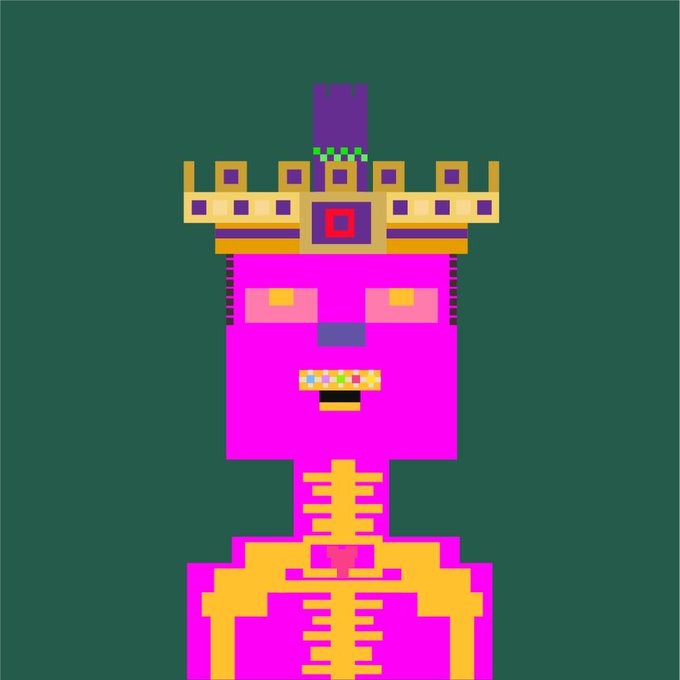 A purple-skinned crowned figure with golden skeletal accents and a toothy grin wears a regal yellow crown topped with a purple feather, set against a muted green background — a pixel art character that embodies the playful "GM" (good morning) sentiment with its quirky royal flair.