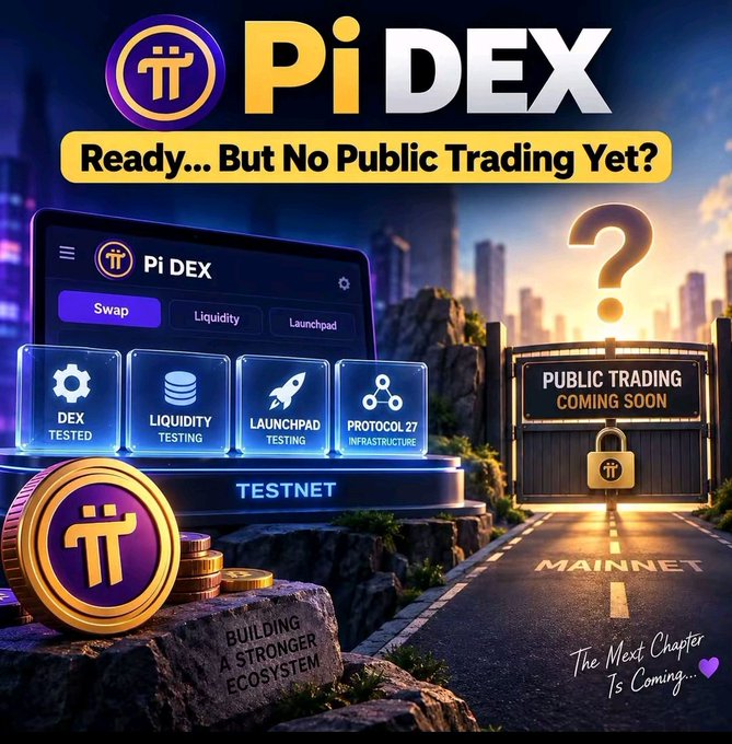 The image is a promotional graphic for "Pi DEX" displaying the headline "Ready... But No Public Trading Yet?" alongside a tablet interface showing features like Swap, Liquidity, and Launchpad (labeled TESTNET), with a gated "PUBLIC TRADING COMING SOON" sign on the Mainnet side and "Protocol 27 Infrastructure" highlighted. It directly supports the post by visually representing the upcoming Pi DEX launch tied to Protocol v27, emphasizing that the infrastructure is being built but public trading has not yet opened.