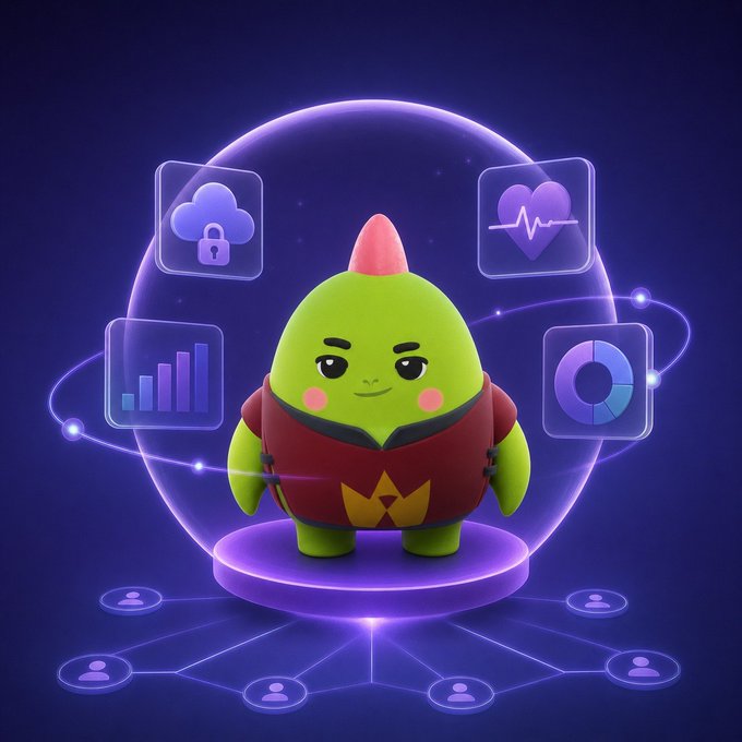 The image features a green cartoon character with spiky hair standing next to a purple bubble, which contains various icons representing different aspects of biometric data such as heart rate, sleep patterns, and recovery metrics. The character appears to be actively engaged in building an infrastructure for managing personal health data using the biometric information provided by Solana Translation.