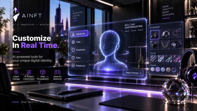 An advertisement for "AINFT" AI-powered customization tools featuring a holographic digital identity interface with options for Appearance, Traits, Accessories, Styles, and Background.
