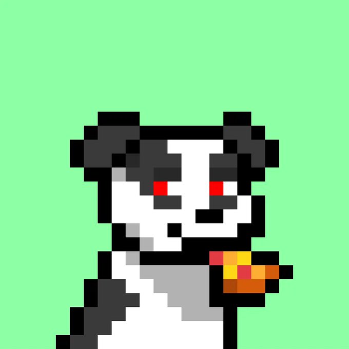 Pixel art of a panda character with red eyes holding an orange object on a light green background.