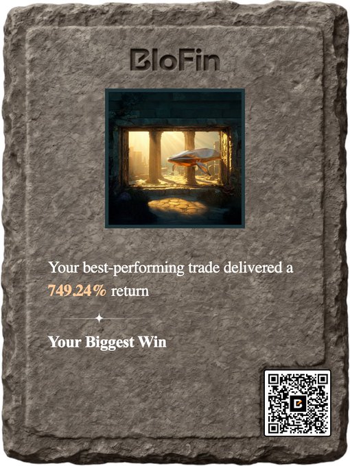 A BloFin promotional graphic on a stone-textured background showing 'Your best-performing trade delivered a 749.24% return - Your Biggest Win' alongside a QR code.