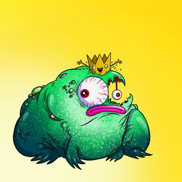 A cartoon illustration of a green, blob-like monster with multiple eyes and a pink mouth, with a small yellow crowned creature sitting on top of its head against a yellow background.