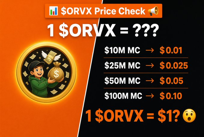 A graphic titled "$ORVX Price Check" shows hypothetical price valuations, ranging from "$10M MC -> $0.01" up to "1 $ORVX = $1?" with an illustration of a person holding a money bag.