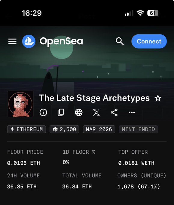 An OpenSea listing for "The Late Stage Archetypes" NFT collection on Ethereum, showing a floor price of 0.0195 ETH and mint ended in March 2026, corresponding to the minting announcement in the post.