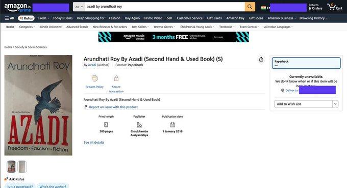 An Amazon.in product page displaying the book 'Azadi' by Arundhati Roy (Second Hand & Used Book), published by Choukamba Aurpyantralya, with the cover showing a bird and the subtitle 'Freedom - Fascism - Fiction.'