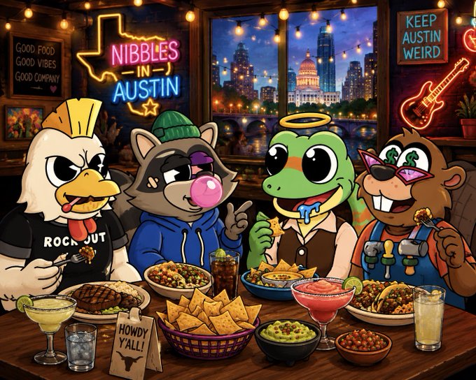 A cartoon illustration of four animals—a chicken wearing a 'ROCK OUT' shirt, a raccoon, a frog with a halo, and a beaver with glasses—enjoying a Tex-Mex feast at a table in Austin, Texas, with signs reading 'NIBBLES IN AUSTIN' and 'KEEP AUSTIN WEIRD' in the background.