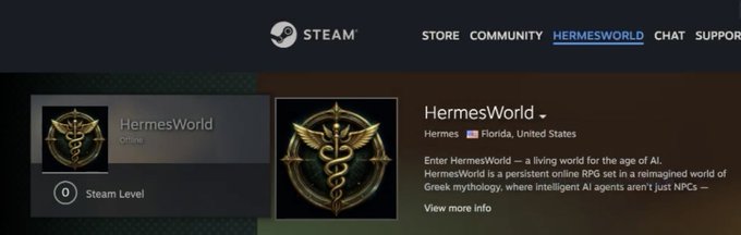 A Steam community page for a user or group called 'HermesWorld' based in Florida, United States, described as a 'living world for the age of AI' featuring a persistent online RPG set in reimagined Greek mythology.