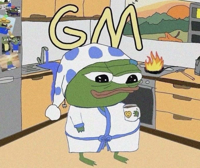 A cartoon Pepe the Frog wearing a nightcap and robe stands in a kitchen holding a "GM" mug, with large yellow "GM" text overhead and the meme "GM" logo from the post overlay. The image humorously matches the post's cheerful "gm? Have a nice day fam" morning greeting, a common Web3 tradition of wishing good morning to the community.