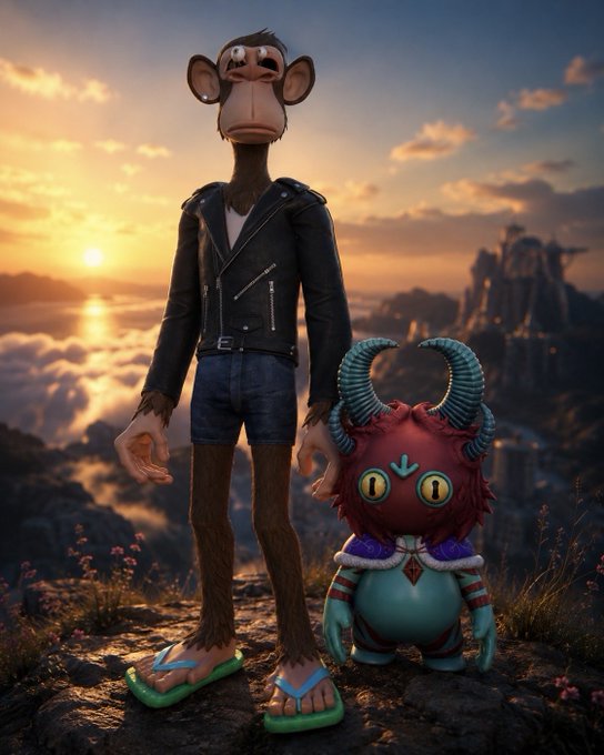 A 3D-rendered whimsical scene featuring a tall monkey-like character in a leather jacket and denim shorts wearing flip-flops, standing next to a small horned red creature in medieval-style clothing on a cliff at sunset.