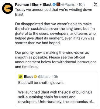 A tweet from Pacman (@Pacman) announcing the winding down of Blast, mentioning disappointment but gratitude to users and developers, alongside a reply from @Blast confirming shutdown.