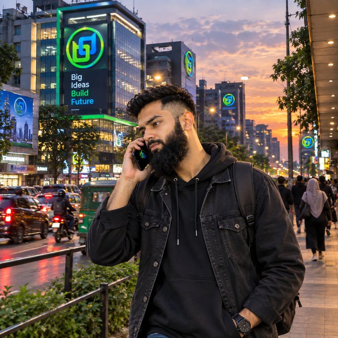 A young bearded man in a black denim jacket talking on a smartphone in an urban city setting at sunset, with digital billboards displaying 'Big Ideas Build Future' in the background.