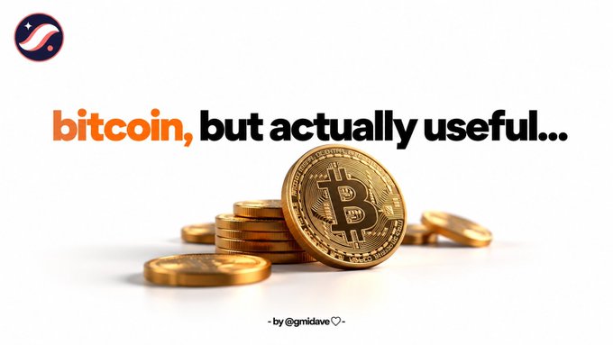 A minimalist graphic featuring a stack of gold Bitcoin tokens on a white background with the orange and black text 'bitcoin, but actually useful...' signed '- by @gmidave ♡'.