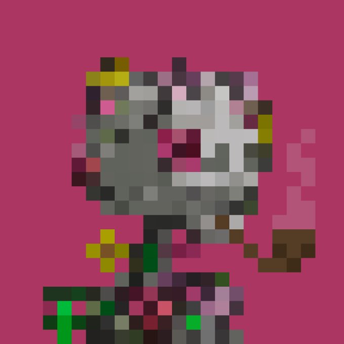 A heavily pixelated character with grey skin and yellow features stands against a solid magenta background, rendered in a low-resolution mosaic style.