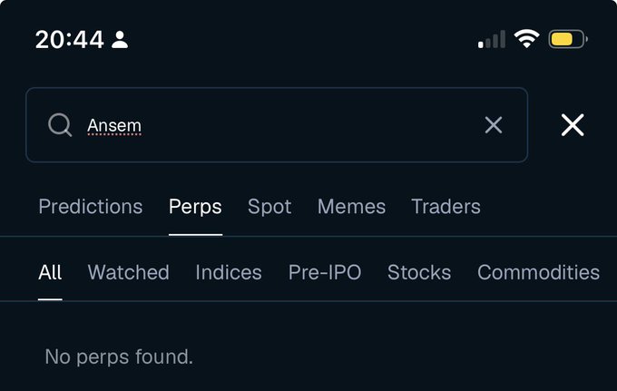 A mobile app search screen showing a query for 'Ansem' under the 'Perps' tab, displaying 'No perps found.'