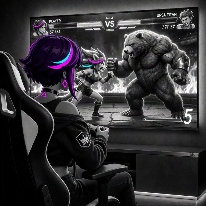 A person with purple and teal hair plays a fighting game on a large TV, facing off against a giant muscular bear labeled 'URSA TITAN', with health bars showing 'PLAYER' and 'URSA TITAN' at the top.