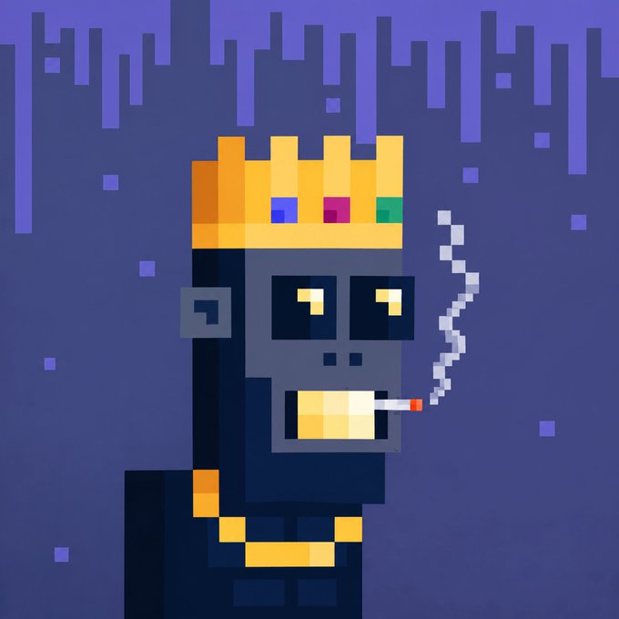 A pixel art character with a yellow crown, dark skin, and smoking cigarette is set against a purple background with hanging vines.