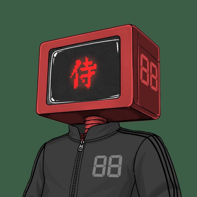 A character with a red CRT monitor for a head displaying the pixelated "待" symbol, alongside "88" digits on the side of the monitor and on a black track jacket, visually fitting the crypto giveaway post for "Arcwar Genesis" with its arcade-game, retro-techno aesthetic.
