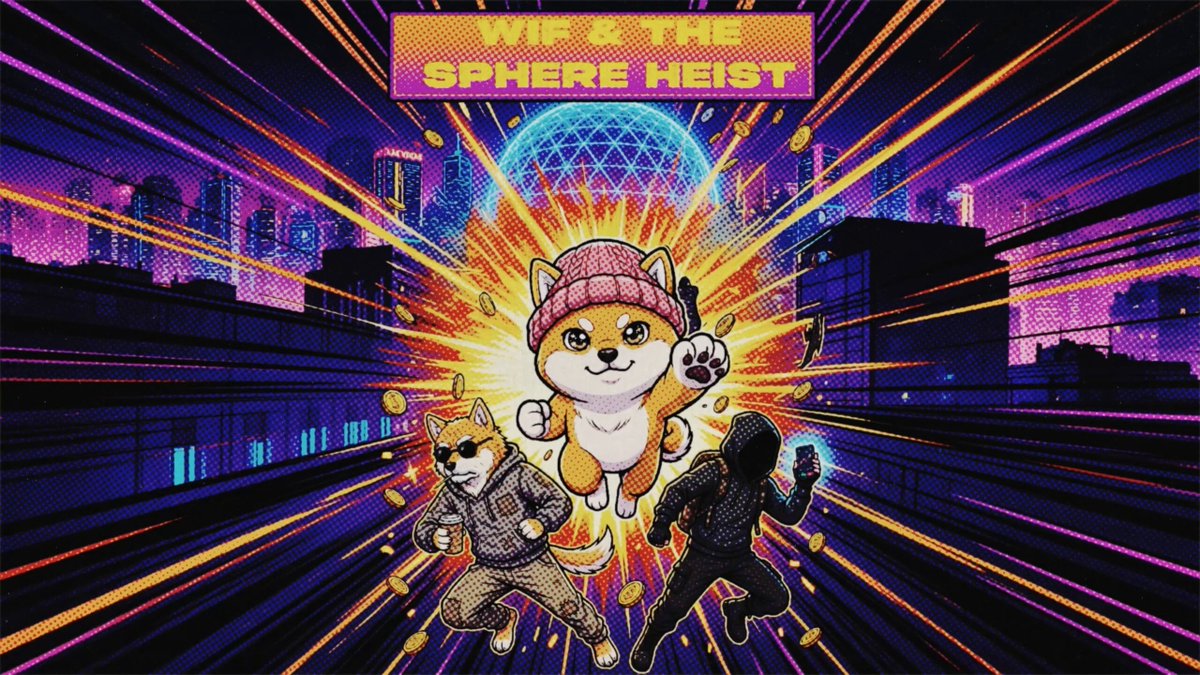 The image features a cartoon dog character with a pink hat and a brown coat, standing next to two other characters - one wearing a black jacket and another dressed as a superhero. The background shows a city skyline at night, with neon lights illuminating the scene. The caption of the image reads "WIF & THE SPHERE HEIST in collaboration with @dogwifcoin now live on NovaToon".