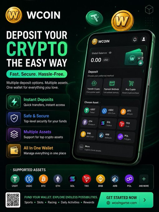 Promotional advertisement for WCOIN, a crypto deposit platform, featuring a mobile app interface and supported assets including USDT, USDC, BTC, ETH, SOL, TRX, BNB, ARB, and POL.