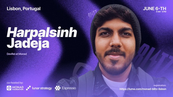 The image features a poster with a man's face prominently displayed against a purple background. The text on the poster reads "Harpalsinh Jadeja", which translates to "Developer" or "Developer" in English, indicating that the person is a developer. The poster also includes information about the event and the speaker, stating that the event is happening at Lisbon, Portugal on June 6th, and the speaker is Harpalsinh Jadeja.