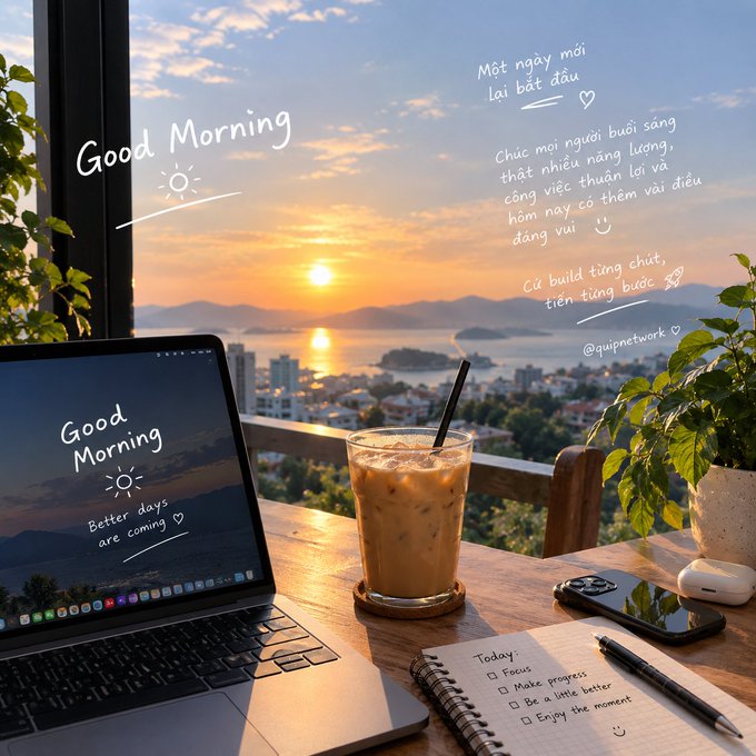 A workspace setup by a window features a laptop displaying 'Good Morning, Better days are coming,' alongside an iced coffee, a to-do list, and handwritten Vietnamese motivational text over a sunset city view.