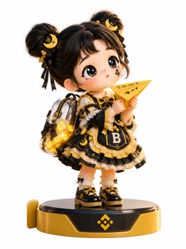 The image features a small figurine of a girl, dressed in yellow and black clothing with a backpack on her back. The figurine appears to be holding a yellow object or a paper airplane. The background of the image is white, which contrasts with the colorful outfit of the figurine. The post accompanying this image provides information about Binance coins and how they can be used for trading.