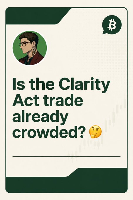 A stylized Instagram-style graphic featuring an illustrated man with glasses and a tattoo, alongside a Bitcoin logo in a speech bubble, displaying the bold text "Is the Clarity Act trade already crowded?" with a thinking emoji. The post references BTC's 20-24% rally to $77k-$79k, massive short liquidations, and $800M in BTC/ETH ETF inflows, questioning whether the legislative Clarity Act trade has already been priced in.