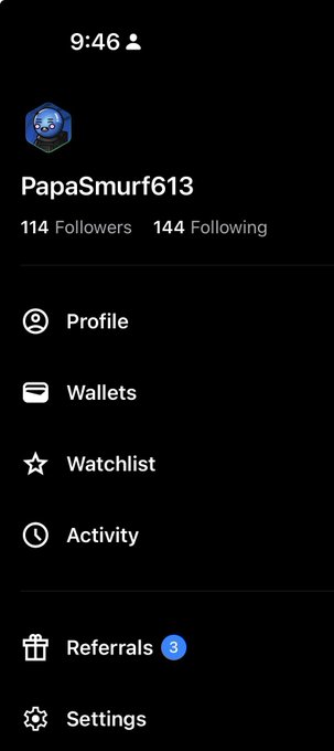 A mobile app profile menu for user "PapaSmurf613" with 114 Followers and 144 Following, showing navigation options including Profile, Wallets, Watchlist, Activity, Referrals (3), and Settings.