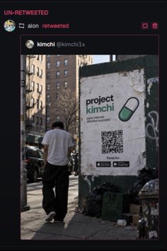 A dark, stylized screenshot of an Instagram post shows a man walking past a street poster advertising “project kimchi” with a QR code. The account appears to be “kimchi” (@kimchi1x), while the caption describes Alon reposting and then deleting a allegedly hacked post, followed by Kimchi removing PumpFun references from his X bio.