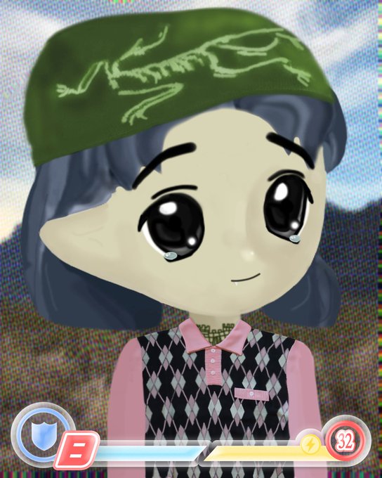 A digital character portrait showing a large-headed figure with big teary eyes wearing a green beret with a dinosaur embroidery and a pink argyle sweater vest, with UI elements showing '32' at the bottom.