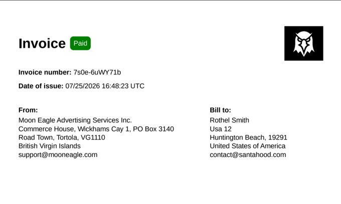 A paid invoice from Moon Eagle Advertising Services Inc. in Tortola, British Virgin Islands, billed to Rothel Smith in Huntington Beach, USA, issued on 07/25/2026.