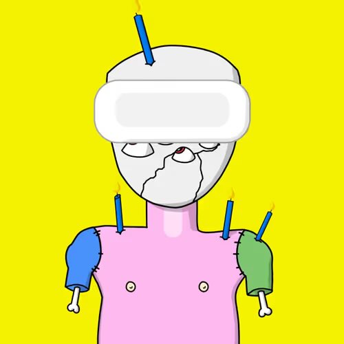 A crude cartoon illustration of a figure wearing a VR headset with candles stuck in their head and arms against a yellow background.