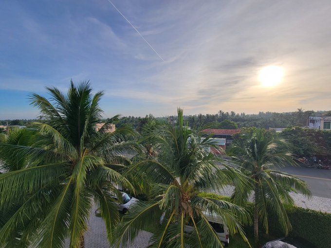 A tropical scene with palm trees in the foreground, overlooking a coastline with the sun shining brightly in a partly cloudy blue sky with a visible contrail.